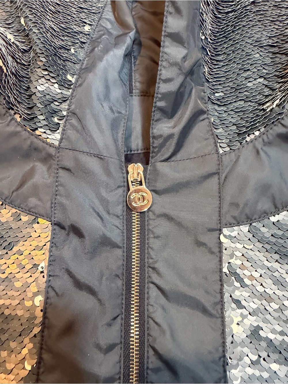 CHANEL Navy Sequin Hooded Zip Jacket with Silver Accents - Picture 6 of 9